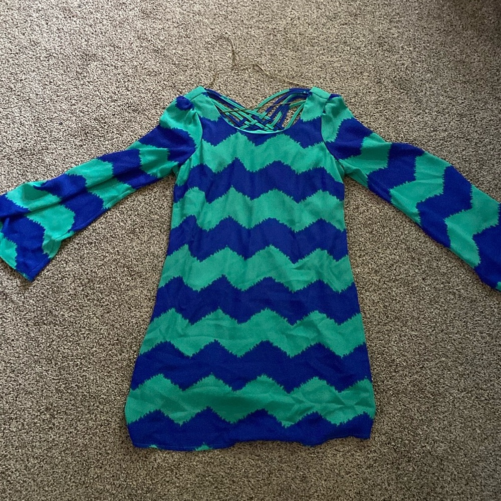 Green and Blue chiffon dress with long sleeves.